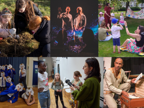A montage of images showing storytelling with young people, performances, schools and outdoor events.