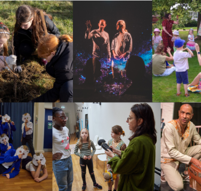 A montage of images showing storytelling with young people, performances, schools and outdoor events.